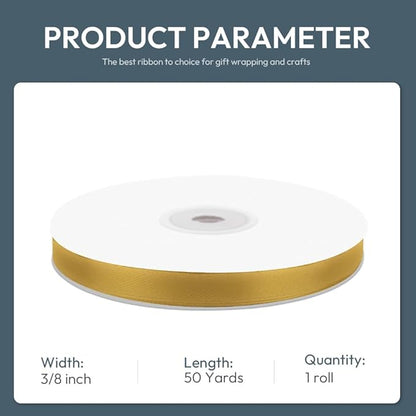 KMER LIFE 3/8" Wide x 50 Yards Golden Single Faced Polyester Satin Ribbon, Golden Satin Ribbon Perfect for Wedding Decor, Wreath, Crafts, Gift Wrapping & Other Projects (Golden)