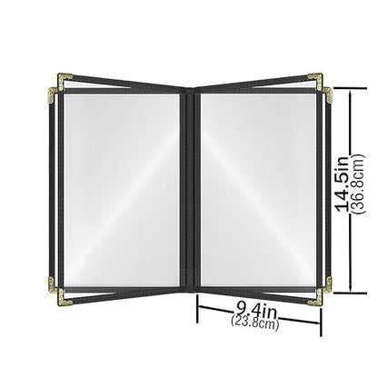 Goodsmart Restaurant Menu Covers – 25 Pack Black 8-View Booklet 8.5" x 14", Side-Loading Vinyl & Plastic Menu Holders, Clear Menu Sleeves, Leather-Style Café Covers with Gold Corners
