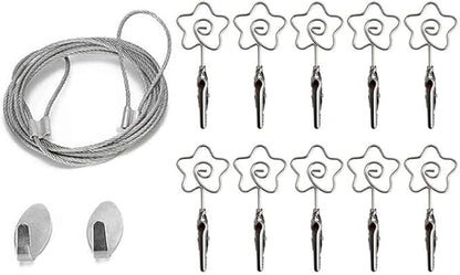 Multi-Purpose Steel Wall Hanging Photo Display Cable Wire Rod with 12 Adjustable Clips for Hanging Photos Notes Postcard and Artworks (Flower)