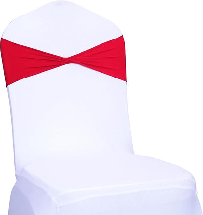 MDS Pack of 100 Spandex Chair Sashes Bows Elastic Stretch Dining Chair Bands Ties Without Slider Buckle Universal fits for Wedding Baby Shower Birthday Party Banquet Event Decoration - Red