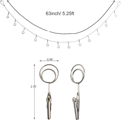 Multi-Purpose Steel Wall Hanging Photo Display Cable Wire Rod with 12 Adjustable Clips for Hanging Photos Notes Postcard and Artworks (Round)