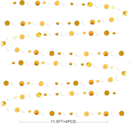 46 Feet White and Gold Circle Dots Garland Hanging Paper Polka Dots Streamer for Birthday Bachelorette Engagement Anniversary Wedding Baby Bridal Shower Christmas Holiday Party Decorations Supplies