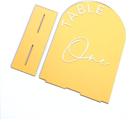 Gold Mirror Arch Wedding Table Numbers 1-30 with Stands, 5x7 Inch Acrylic Arch Sign with Holder for Wedding Reception Table Centerpiece Decoration(Gold Mirror)