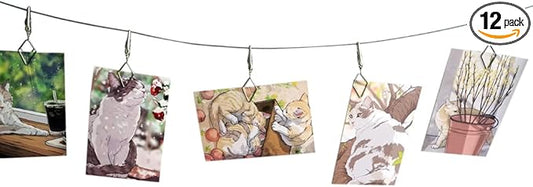 TFu Multi-Purpose Steel Wall Hanging Photo Display Cable Wire Rod with 12 Adjustable Clips for Hanging Photos Notes Postcard and Artworks (Rhombus)