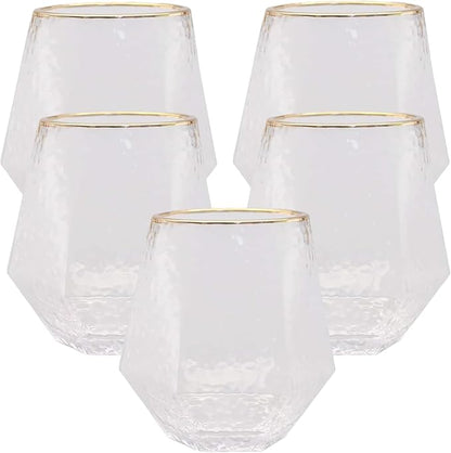 40 count Diamond Unbreakable Stemless Plastic Wine Champagne Whiskey Glasses Elegant Durable Disposable Indoor Outdoor Ideal for Home, Office, Bars, Wedding, 12 Ounce Cups (Hammered Gold Rim)