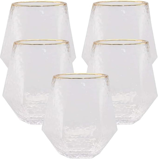 40 count Diamond Unbreakable Stemless Plastic Wine Champagne Whiskey Glasses Elegant Durable Disposable Indoor Outdoor Ideal for Home, Office, Bars, Wedding, 12 Ounce Cups (Hammered Gold Rim)