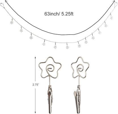 Multi-Purpose Steel Wall Hanging Photo Display Cable Wire Rod with 12 Adjustable Clips for Hanging Photos Notes Postcard and Artworks (Flower)
