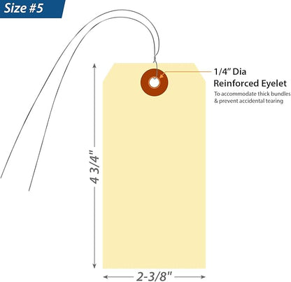 SmartSign Blank Manila Shipping Tags with Wire - Pack of 1000, Size-5, 13pt Thick Prewired Cardstock Tag, 4 3/4" x 2 3/8" Paper Hang Tags with Reinforced Fiber Patch