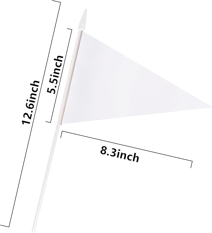 12 Pack White Pennant Flags Small Mini Hand Held Solid Color Pennant On Sticks Flags with 12.6"Solid Pole & Spear Top,Party Events Celebration,School,Grand Opening,Kids Birthday,Sports Clubs,Flower Pot