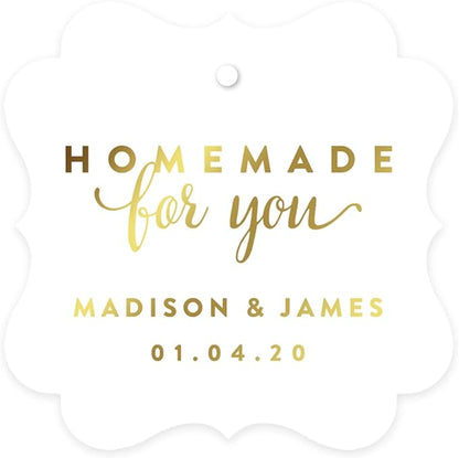 Andaz Press Personalized Fancy Frame Square Wedding Gift Tags, Metallic Gold Ink, Homemade for You, 24-Pack, Custom Made Any Name