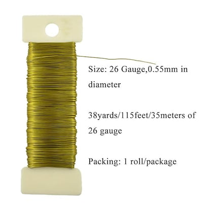 HAHIYO 26Gauge Golden Metal Floral Wire - 1 Roll, 38 Yards (115 Feet) - Flexible Paddle Wire for Craft, Christmas Wreath, Flower Arrangement, Bouquet Wrapping, Wedding, DIY
