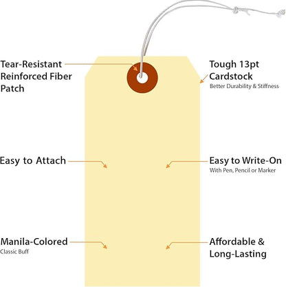 SmartSign Blank Manila Shipping Tags with Elastic Strings - Pack of 100, Size-5, 13pt Thick Pre-Strung Cardstock Tag, 4.75 x 2.375 inch, Paper Hang Tags with Reinforced Fiber Patch, Made in USA