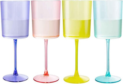 Ciaell 4 Pack Plastic Wine Glasses - 10 Oz Plastic Wine Glasses with Stem - Disposable Wine Glasses Perfect for Parties & Weddings & Poolside & Outdoors & Camping(Pink Green Purple Yellow)