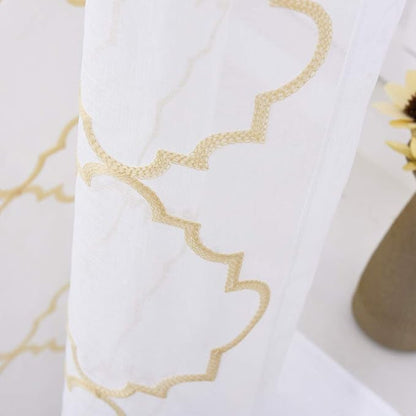 Sheer Curtains Beige 63 Inches, Rod Pocket Voile Drapes for Living room, Bedroom, Embroidered Moroccan Tile Lattice Design Window Semi Crinkle Curtain Panels for Yard, Parlor, Set of 2, 52"x 63".