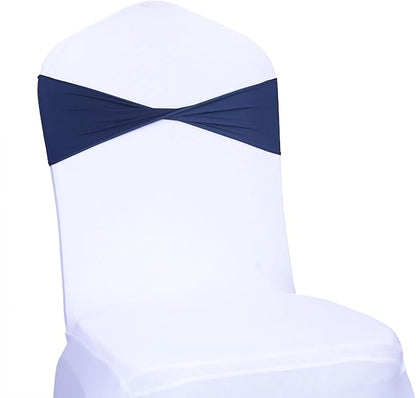 MDS Pack of 125 Spandex Chair Sashes Bows Elastic Stretch Dining Chair Bands Ties Without Slider Buckle Universal fits for Wedding Baby Shower Birthday Party Banquet Event Decoration - Navy Blue