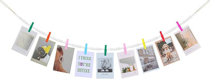 Hanging Photo Display Wall Decor, Wooden Bead Garland Collage Picture Frame with 9 Different Random Colors Wood Clips for Boho Bedroom, Living Room, Office, Dorm Decor