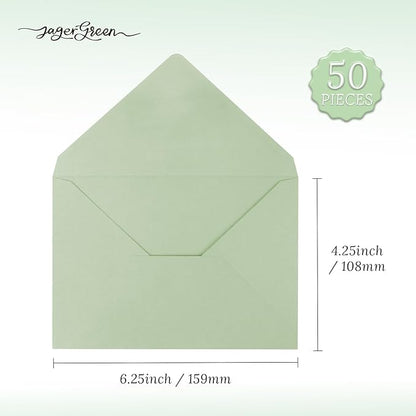 50 Pack 4x6 Envelopes Letter Size, Green A4 Envelopes Self Seal for Wedding Invitation, Envelope 4.3x6.3 for Greeting Cards, Photos, Baby Shower, Graduation, Thank You Cards, Announcements