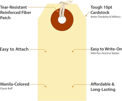 SmartSign Blank Shipping Tags with Pre-Attached Loop Strings, Size-1, Pack of 1000, 10pt Thick Manila Cardstock Tag, 1.375" x 2.75" Paper Hang Tags with Reinforced Fiber Patch