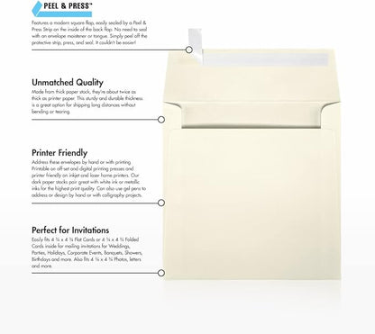 LUXPaper Square Invitation Envelopes | Peel & Press | 5" x 5" | Natural Linen | 80lb. Text | 50 Qty