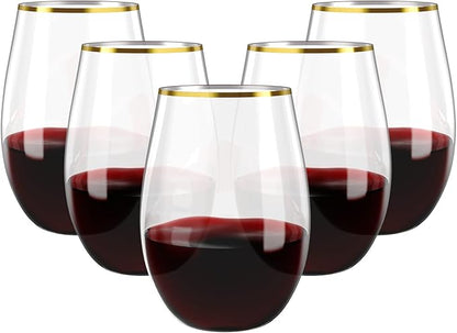 FOCUSLINE 20pcs 16 Oz Plastic Wine Glasses, Stemless Gold Rim, Heavy Duty Disposable Drinking Cups, Reusable Shatterproof for Party & Wedding