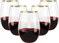 FOCUSLINE 20pcs 16 Oz Plastic Wine Glasses, Stemless Gold Rim, Heavy Duty Disposable Drinking Cups, Reusable Shatterproof for Party & Wedding