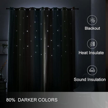 FANLI Ombre Rainbow Blackout Curtains for Kid Girls Bedroom Living Room Darking Stripe Double Layer Star Cut Out Wall Home Decor Gradient Grommet Window Curtains (Pink/Blue, 52W x 72L)