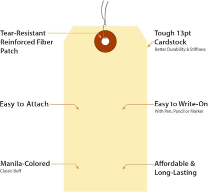 SmartSign Blank Manila Shipping Tags with Wire - Pack of 1000, Size-5, 13pt Thick Prewired Cardstock Tag, 4 3/4" x 2 3/8" Paper Hang Tags with Reinforced Fiber Patch