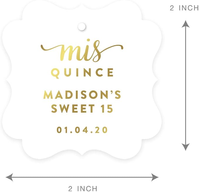 Andaz Press Personalized Fancy Frame Square Birthday Gift Tags, Metallic Gold Ink, Sweet 15 Birthday, Mis Quince Quinceanera, 24-Pack, Custom Made Name