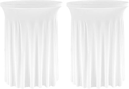 Fivenl 2 Pack Spandex Cocktail Table Skirt 32"x 43" White Stretch Cocktail Table Cover, Washable Round High Top Tablecloth for Bar, Wedding, Party, Events (White)