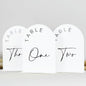 JINMURY White Arch Wedding Table Numbers 1-15 with Stands, 5x7 Inch Acrylic Arch Sign with Black Lettering, White Acrylic Table Numbers for Wedding Reception