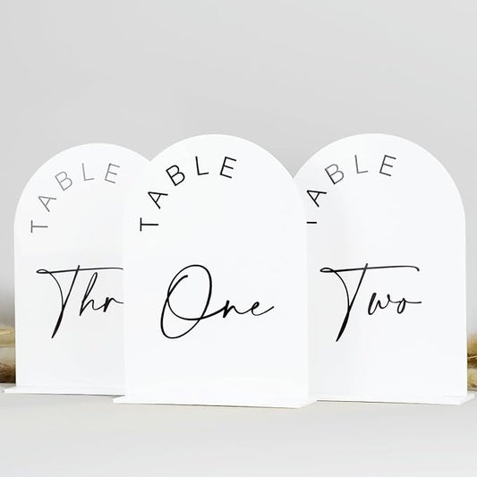 JINMURY White Arch Wedding Table Numbers 1-20 with Stands, 5x7 Inch Acrylic Arch Sign with Black Lettering, White Acrylic Table Numbers for Wedding Reception