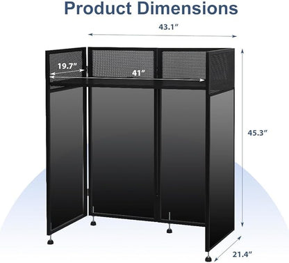 LUCKUP Portable DJ Booth 41"L x 20"W DJ Facade with White & Black Scrim, Foldable DJ Table Station with Adjustable Feet for Party, Black Metal Frame