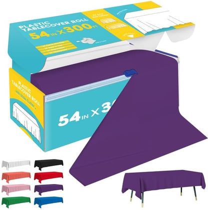 Purple Plastic Table Cover Roll - 54IN x 300FT, Table Cloth for Rectangle Table with Slide Cutter, Plastic Table Cloth Disposable with Cut-to-Size Design for Weddings, Banquets, Parties
