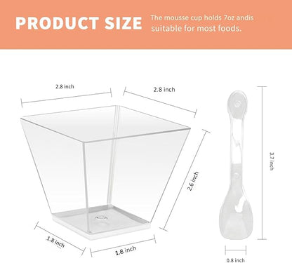 50 Pack 7 oz Clear Plastic Square Dessert Bowls with Spoons，Mini Disposable Parfait Cups for Yogurt, Ice Cream and Tasting，Serving Cups for Appetizer，Pudding，Party (7 oz)