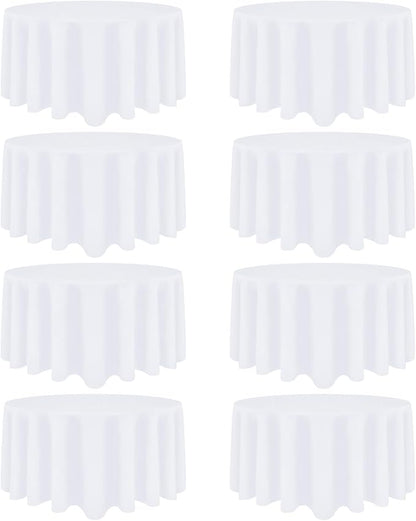 8 Pack White Round Tablecloth 120 Inch White Table Cloth Stain and Wrinkle Resistant Round White Tablecloths Reusable and Washable Polyester Fabric Table Covers for Buffet Wedding Party and Banquet