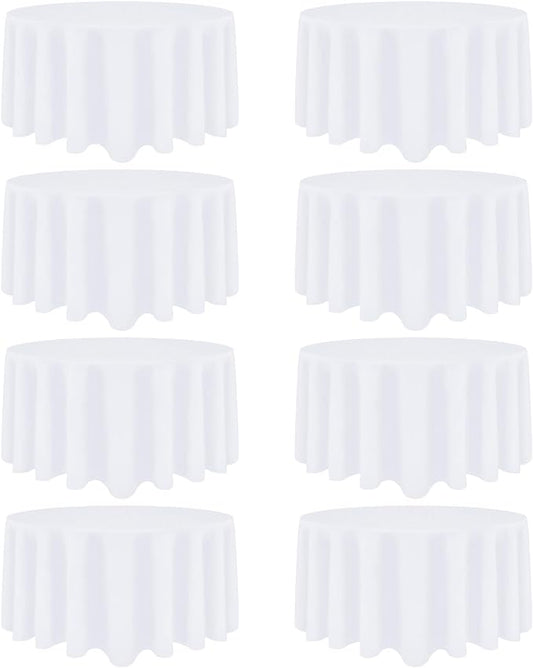 8 Pack White Round Tablecloth 108 Inch White Table Cloth Stain and Wrinkle Resistant Round White Tablecloths Reusable and Washable Polyester Fabric Table Covers for Buffet Wedding Party and Banquet