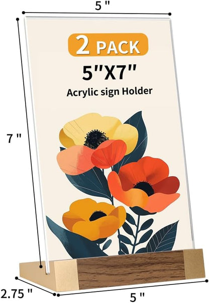 Acrylic Sign Holder 5"x7" Tabletop Display Clear Sign Board with Wood-Color Base, Vertical for Store/Coffee Shop/Restaurant Menu Hotel/Office Display Holder, 2 Pack
