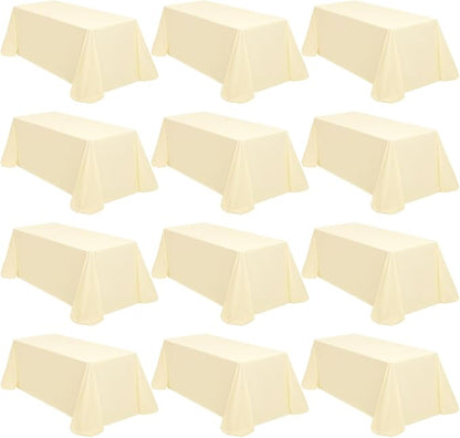 12 Packs 90 x 132 Inch Tablecloth, Beige Polyester Table Cloth for 6ft Rectangle Tables, Washable Fabric TableCover for Wedding Banquets Parties Buffet Dining Table