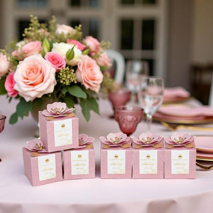 FEIYI 20 PCS Favor Boxes, 3 In 1 Dusty Rose Candy Boxes with Floral Decor, White Thank You Tags Gold Foil Print Gift wrapping for Wedding, Baby Shower, Birthday, Decorations Party - 2.55x2.55x2.55