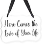Acrylic Wedding Sign, Ring Bearer Sign, for Rustic Wedding Decor Signs, Acrylic Wall Art With Ribbon for Chairs Weddings Reception Decor and Event Party - Here Comes The Love of Your Life (White)