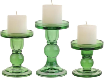 3-Piece Set of Green Glass Candlestick, Crystal Candlestick Holder Holder and Conical Candle, Christmas Candle Holder Decoration, Family Living Room Wedding Candle Holder (green1set)