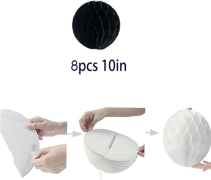 8pcs 10 inch Paper Honeycomb Balls Decorative Tissue Pom Poms Flower Art Hanging Balls for Birthday Wedding Nursery Baby Shower Home Decor (10inch, Black)