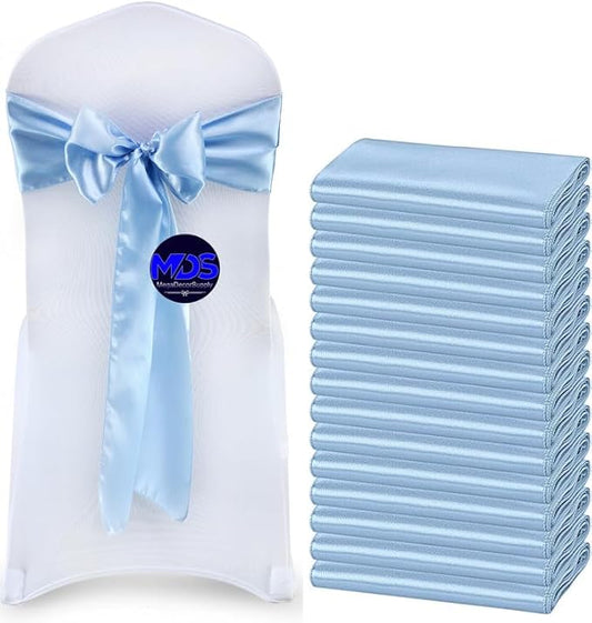 MDS Pack of 150 PCS Satin Chair Sashes Charmeuse Sateen Dining Chair Bows Ribbon Ties Back Sash for Wedding Party Birthday Home Hotel Restaurant Banquet Decoration (7 x 108 Inch, Baby Blue)