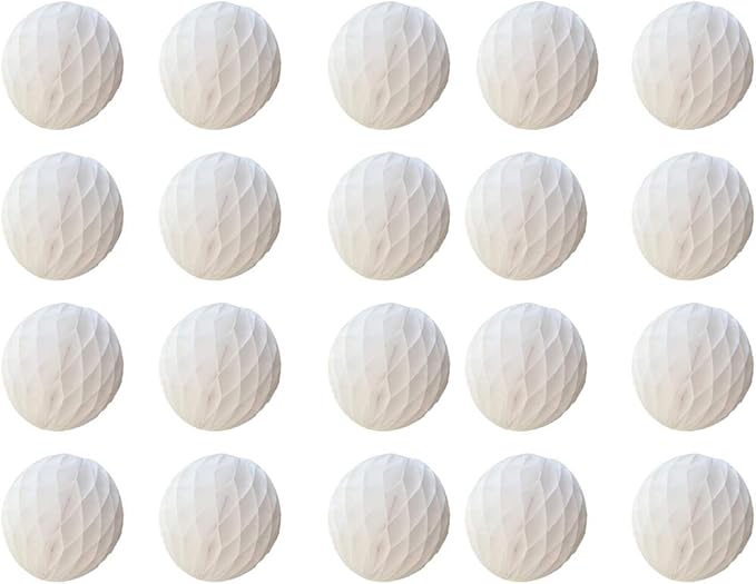 20pcs Honeycomb Flower Balls - Party Decor, Tissue Paper Pom Poms (6inch, White)