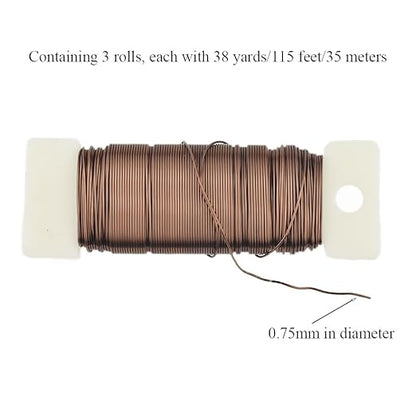 HAHIYO 22Gauge Coffee Color Metal Floral Wire - 3 Rolls, 115Yards (345Feet) - Flexible Paddle Wire for Craft, Christmas Wreath, Flower Arrangement, Bouquet Wrapping, Wedding DIY