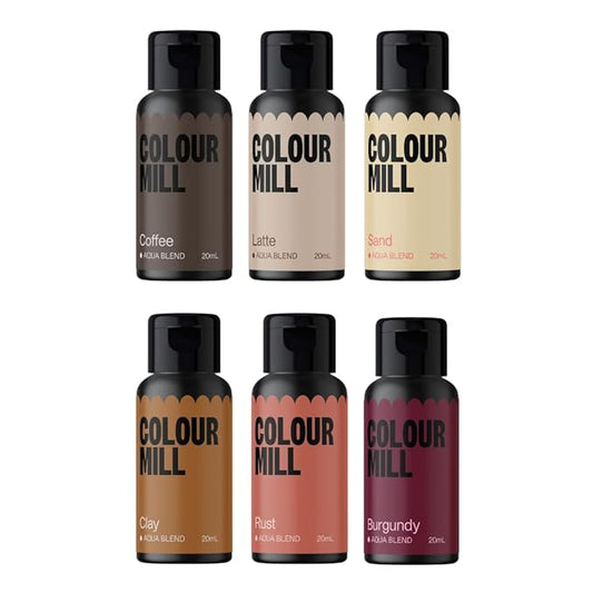 Colour Mill Outback Pack Aqua Blend Water-Based Food Coloring, 20 Milliliters Each of 6 Colors: Burgundy, Clay, Coffee, Latte, Rust and Sand