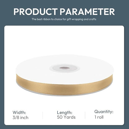 3/8" Wide x 50 Yards Champagne Gold Single Faced Polyester Satin Ribbon for Wedding Decor, Wreath, Crafts, Gift Wrapping & Other Projects