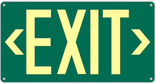 1Pack Photoluminescent Exit Sign Green - Aluminum -14.25"x 7.5" Glow In The Dark Adhesive Backing- Includes 2pcs Removable Arrows- Non Electrical Green Exit Light