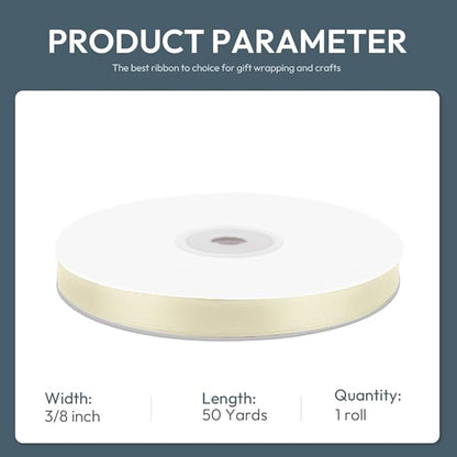 KMER LIFE 3/8/ Wide x 50 Yards Ivory Single Faced Polyester Satin Ribbon, Ivory Satin Ribbon Perfect for Wedding Decor, Wreath, Crafts, Gift Wrapping & Other Projects (Ivory)