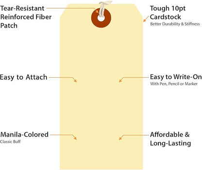 SmartSign Blank Shipping Tags with Pre-Attached Loop Strings, Size-6, Pack of 1000, 10pt Thick Manila Cardstock Tag, 5.25 x 2.625 inch Paper Hang Tags with Reinforced Fiber Patch